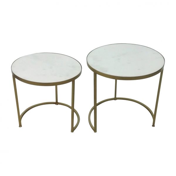 Столик приставной, набор 2 шт., NEST OF 2 TABLES  MILUNE WH+GOLD H54/48 IRON+MARBLE ,Cote Table ,Арт.: 37062