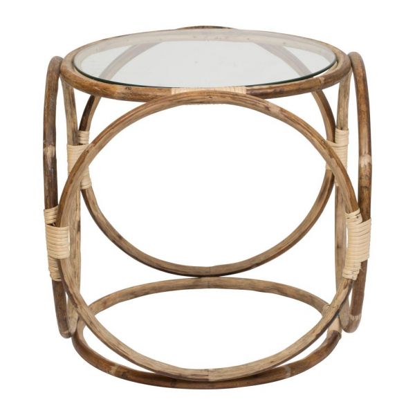 SIDE TABLE ROTIN NATURAL D37XH43CM RATTAN+GLASS