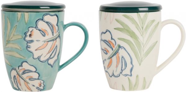 MUG W/FIL X2 TROPIC'ART GREEN+WHITE 30CL STONEWARE